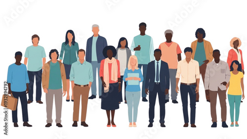 Diverse group of people standing together in a unified crowd illustration from a straightforward viewpoint
