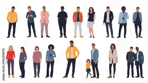 Diverse group of people standing together in various poses and outfits