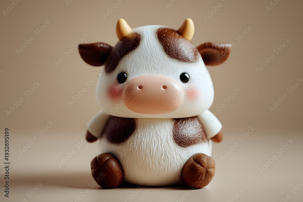 Fototapeta premium Cute Brown and White Toy Cow Figurine Sitting on Neutral Surface