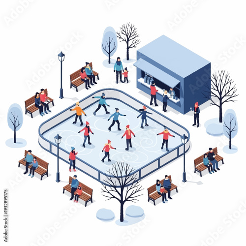 People enjoying ice skating in a winter park scene.