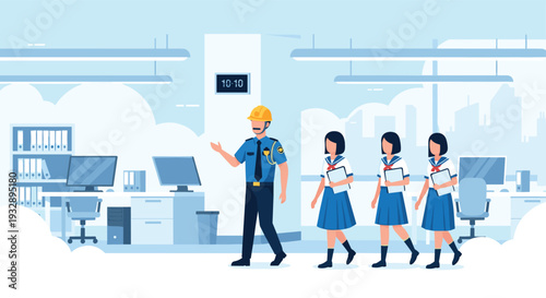 Security officer guiding school students for safety inspection and educational protection concept vector illustration