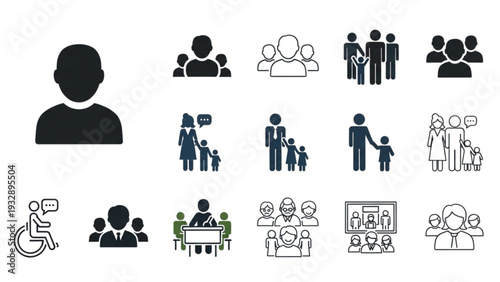 Collection of diverse people icons representing various social interactions and community engagement in different styles