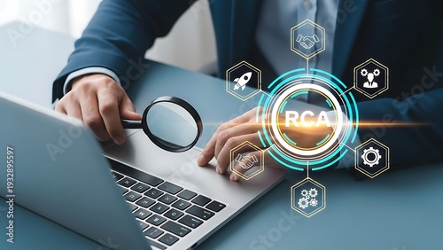 Businessman Analyzing Data on Laptop with RCA Root Cause Analysis Infographic