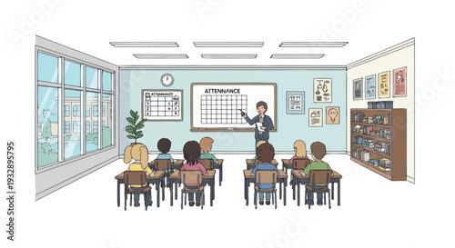 Teacher leading class, attendance board, students sitting at desks in classroom, bright windows, educational setting