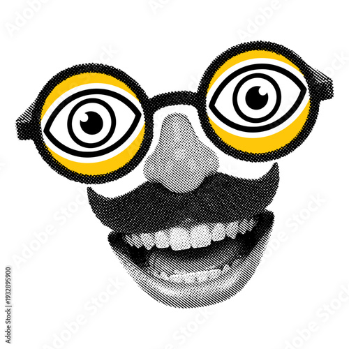 smiling face with mustache and glasses, April Fools’ Day retro halftone element illustration