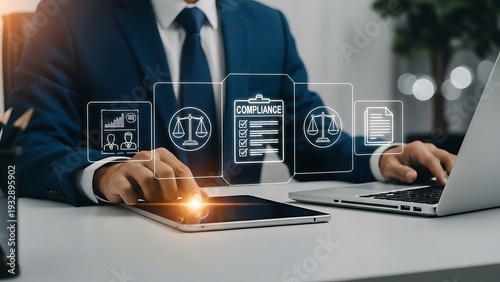 Businessman Working on Tablet with Law Icons on Screen in Office