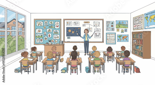 Diverse students in classroom learning from teacher at whiteboard, educational concept