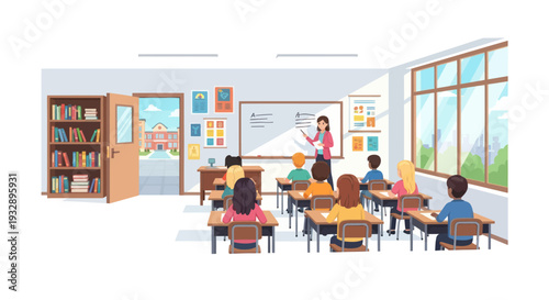 Teacher instructing students in a bright, modern classroom with large windows and a whiteboard.