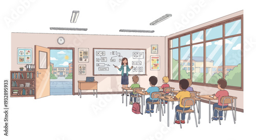 Diverse students learning in a bright, modern classroom with a teacher at the whiteboard.