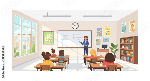 Teacher instructing students music class in classroom with whiteboard and bookshelves