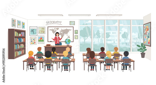 Diverse students in classroom learning geography from teacher at desk with world map