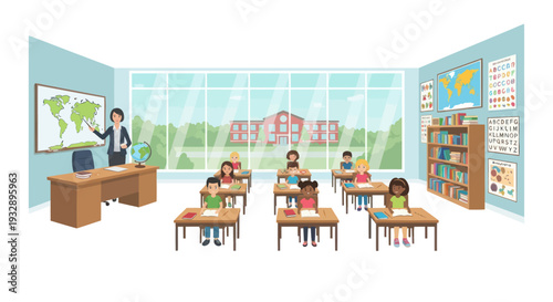 Diverse students learning geography in a bright modern classroom with teacher