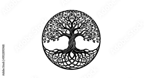 Stylized Tree of Life in Circle, Celtic Knot Roots, Black and White Symbol