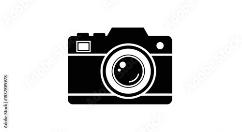 Modern digital camera icon, black silhouette on white background, photography symbol