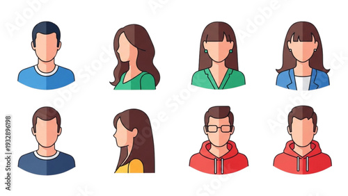 Diverse group of people with different hairstyles and clothing, standing together, flat illustrations, white background, side view