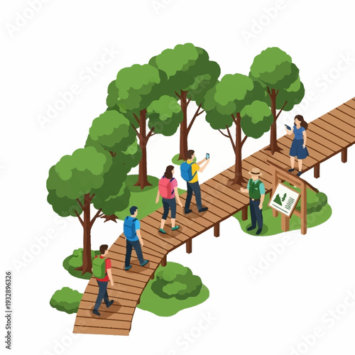 People walking on a wooden boardwalk through a green park.