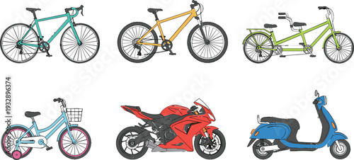 Bicycle, tandem bike, kids cycle, sport motorcycle, and scooter vector illustration set with colorful two wheeler transport vehicles for mobility and lifestyle designs