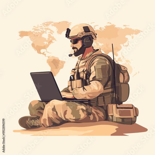 Soldier using radio and laptop in desert environment, coordinating operations with global map display , vector style simple color