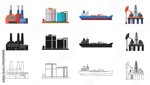 Comprehensive collection of industrial icons featuring factories, storage tanks, cargo ships, and oil rigs shown in color, silhouette, and line art.