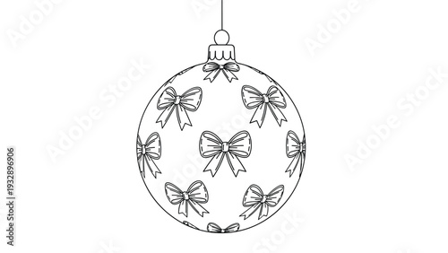 Round christmas tree bauble ornament decorated with numerous small bows is shown in a simple black and white line art style for coloring or design.