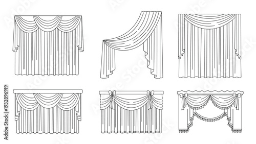 Six window curtain and drapery styles are presented as black and white line art illustrations showing various folds and decorative arrangements.