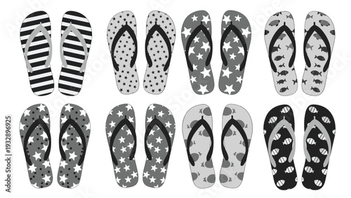 Collection of eight pairs of summer flip flop sandals features various patterns like stripes, stars, and fish icons in a grayscale color palette.