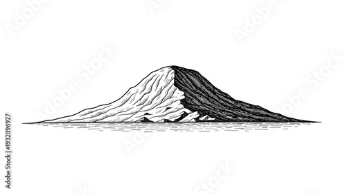 Detailed black and white engraving style illustration of a solitary mountain peak rising above a calm body of water with various terrain textures.