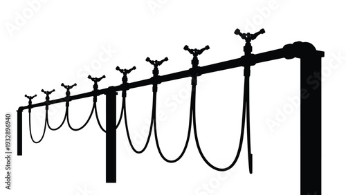 Black silhouette of an overhead farm irrigation pipe with multiple sprinklers and hanging hoses is shown against a plain white background.