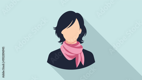 Minimalist flat design avatar of a woman with dark hair and a pink scarf against a light blue background with a long stylish shadow.