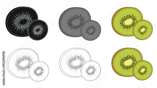 Several slices of ripe green kiwi fruit with their characteristic black seeds are shown in six different styles including color and line art.