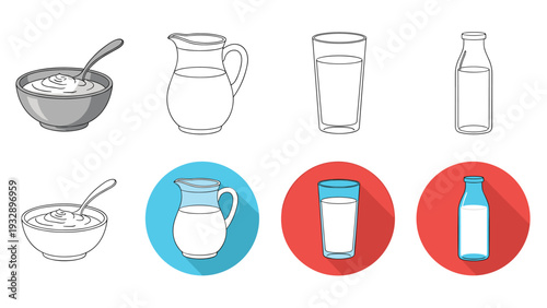 Set of dairy-related items including a bowl of yogurt, a pitcher of milk, a glass of milk, and a bottle are shown in several artistic styles.