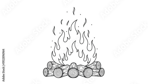 Roaring campfire built from a stack of logs with dancing flames and small sparks is shown in a detailed black and white line art illustration.