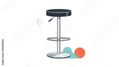 Sleek modern bar stool with a black padded seat, a silver chrome stand, and a footrest is shown against a minimalist abstract background.