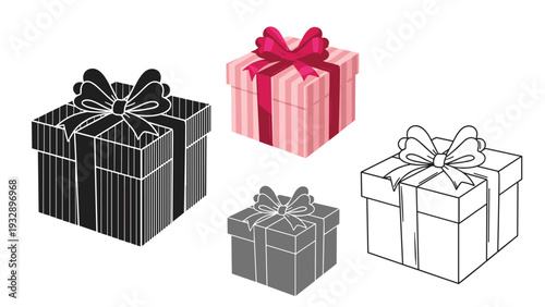 Collection of four gift boxes with ribbons and bows is shown in various styles including a detailed pink striped version and monochrome sketches.