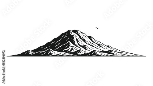 Dramatic black and white illustration of a rugged mountain peak with complex rock textures and a small bird flying in the distance.