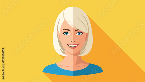 Bright and friendly avatar of a smiling blonde woman with blue eyes wearing a blue top against a yellow background with a long shadow.