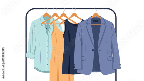 Minimalist clothing rack displays a selection of garments including a light blue shirt, an orange dress, a dark dress, and a blue blazer jacket.