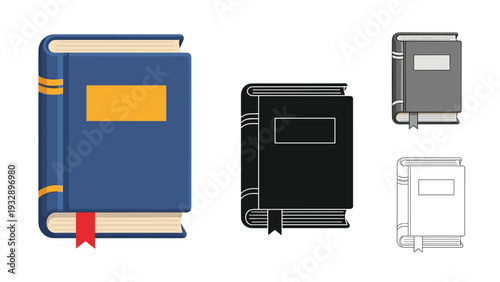 Hardcover book icon set with various visual styles such as flat color with red bookmark and black silhouette on white background.