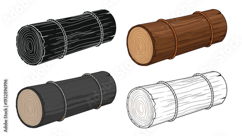 Bundle of wooden logs tied together with thick rope in multiple artistic versions including detailed line art and colored illustrations.