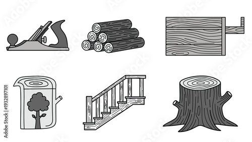 Woodworking and forestry industry elements in grayscale including a plane tool logs a wooden board a tree stump and staircase.