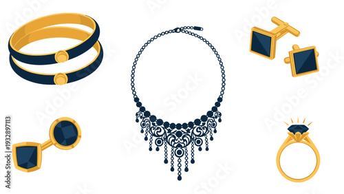 Luxury jewelry items collection featuring gold bracelets a blue gemstone necklace cufflinks earrings and a brilliant diamond ring.