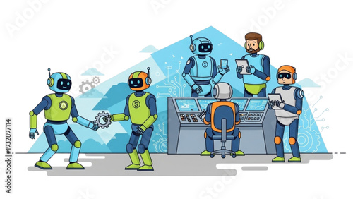 Robots collaborating on a technological project in a futuristic laboratory setting viewed from the front.