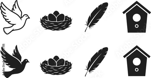Icon bundle featuring bird silhouettes nests feathers and birdhouses for design projects