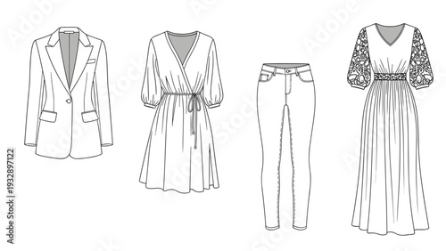 Assortment of women's apparel items including a tailored blazer a short wrap dress slim fit jeans and a long floral maxi dress.