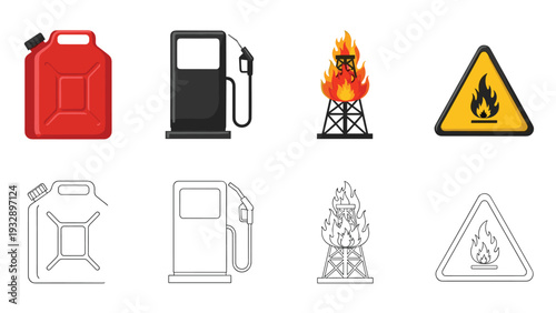 Oil and gas industry icons set including a red fuel can a gas station pump a burning oil derrick and a flammable warning sign.