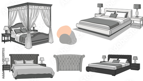 Collection of various bed designs in grayscale including a canopy bed a modern platform bed and a tufted headboard on a white background.