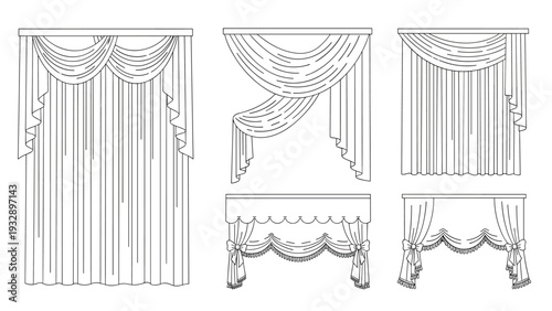 Set of various curtain and window treatment designs shown as detailed line art illustrations for interior decoration ideas.