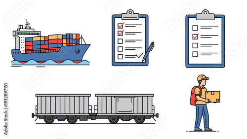 Logistics and shipping icons collection including a container ship cargo railcars a delivery man and a checklist on a clipboard.