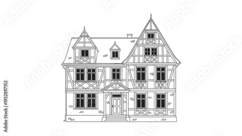 Traditional half timbered house with multiple gables dormer windows and detailed wooden framing in a classic architectural style.