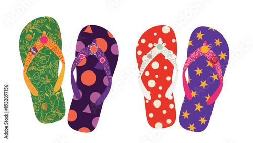 Collection of various colorful flip-flops with patterns like floral and stars are perfect for summer beach and vacation themed designs.